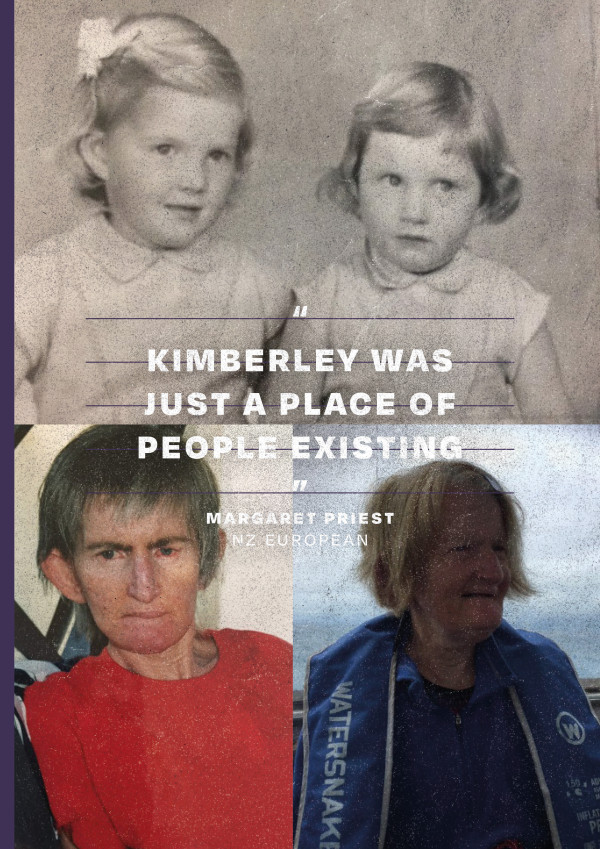 Three images showing Irene Priest. In the top half we see on the Margaret Priest on the left and Irene on the right as young girls in matching dresses with chin-length shiny hair. The bottom left-hand photo shows Irene just after leaving the Kimberley Centre in the mid-2000s. Irene has short dark hair, bloodshot red eyes, and is wearing a red jersey. In the bottom right we see Irene in January 2021. She is smiling and wearing a blue life jacket.