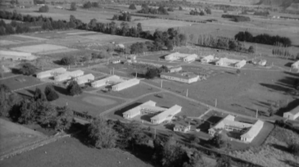 An aerial view of what was then called the Levin Hospital and Training School (the Kimberley Centre) taken in the 1960s showing large ‘H’ shaped accommodation blocks on a large rural property.