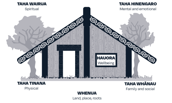 The diagram shows Te Whare Tapa Whā, a Māori health model that describes wellbeing as a wharenui or meeting house. The four walls of the wharenui represent the four dimensions of holistic wellbeing. These are Taha Wairua or spiritual wellbeing, Taha Hinengaro or mental and emotional wellbeing, Taha Whānau which is family and social wellbeing, and Taha Tinana or physical wellbeing. These are shown alongside Whenua, which represents land, place and roots.