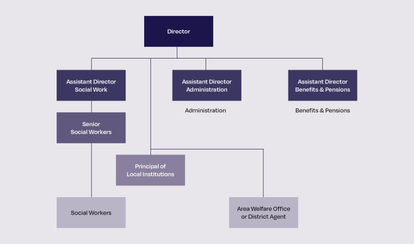 This organisational chart shows the hierarchy and reporting lines of the Department of Social Welfare District Office in 1986. At the top is the Director. At the second level are the Assistant Director Social Work; Assistant Director Administration, who looks after administration; and the Assistant Director Benefits & Pensions, who looks after benefits and pensions. At the third level are the Senior Social Workers, who report to the Assistant Director Social Work. At the fourth level is the Principal of Local Institutions. At the fifth level are the Area Welfare Office or District Agent, who reports to the Principal; and the Social Workers, who report to the Senior Social Workers. 
