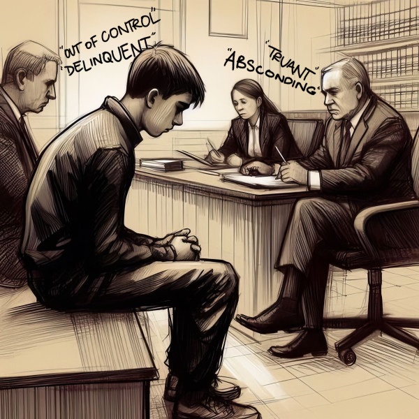 Illustration of a boy sitting in an office. He is being told off by three adults. The words the adults are saying are out of control, delinquent, truant and absconding.