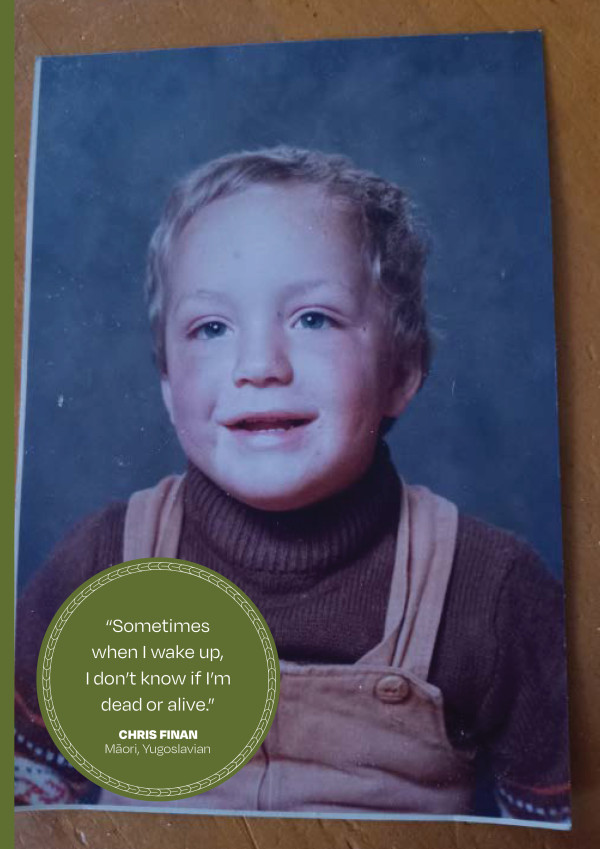 Childhood photo of Chris Finan wearing a jumper and overalls